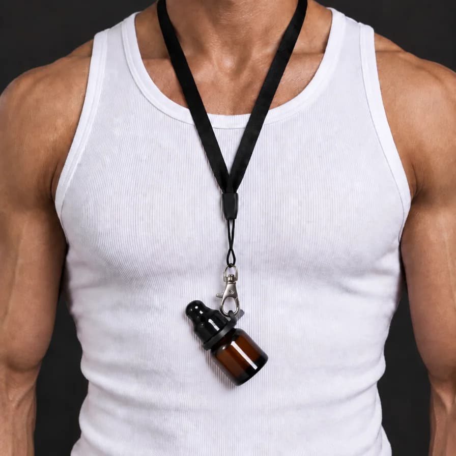 SN*F lanyard worn over a white tank top, black ring and sniffer cap