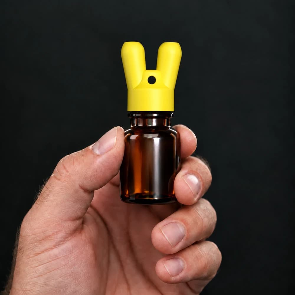 Hand holding a 10 ml bottle with the SN*F double sniffer cap