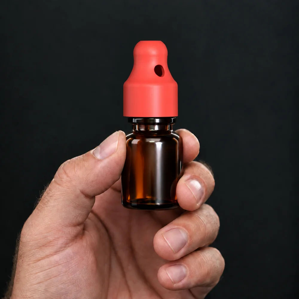 Hand holding a 10 ml bottle with the SN*F single sniffer cap
