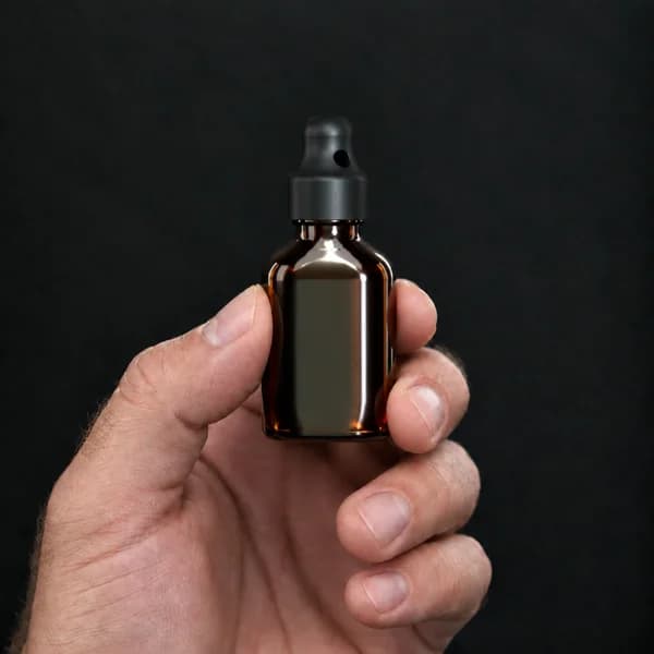 Hand holding a 24 ml oval, amber bottle with a SN*F Small sniffer cap