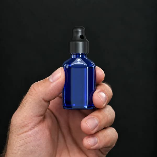 Hand holding a 24 ml oval, blue bottle with a SN*F Small sniffer cap